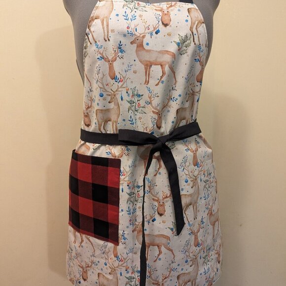 NWT Handmade Reversible Apron - Christmas deer and buffalo plaid One Size - OOAK - Picture 1 of 4